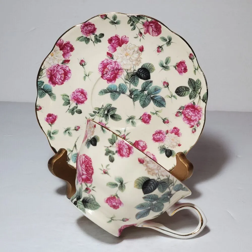 Gracie China Teacup and Saucer Rose Chintz
